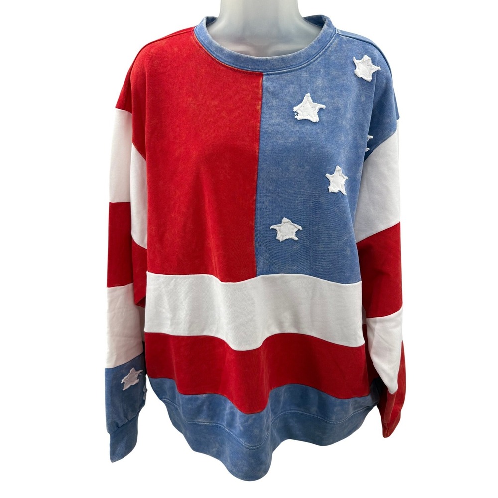 Sewn + Seen USA American Flag Star Sweatshirt Red White Blue Oversized Small NEW